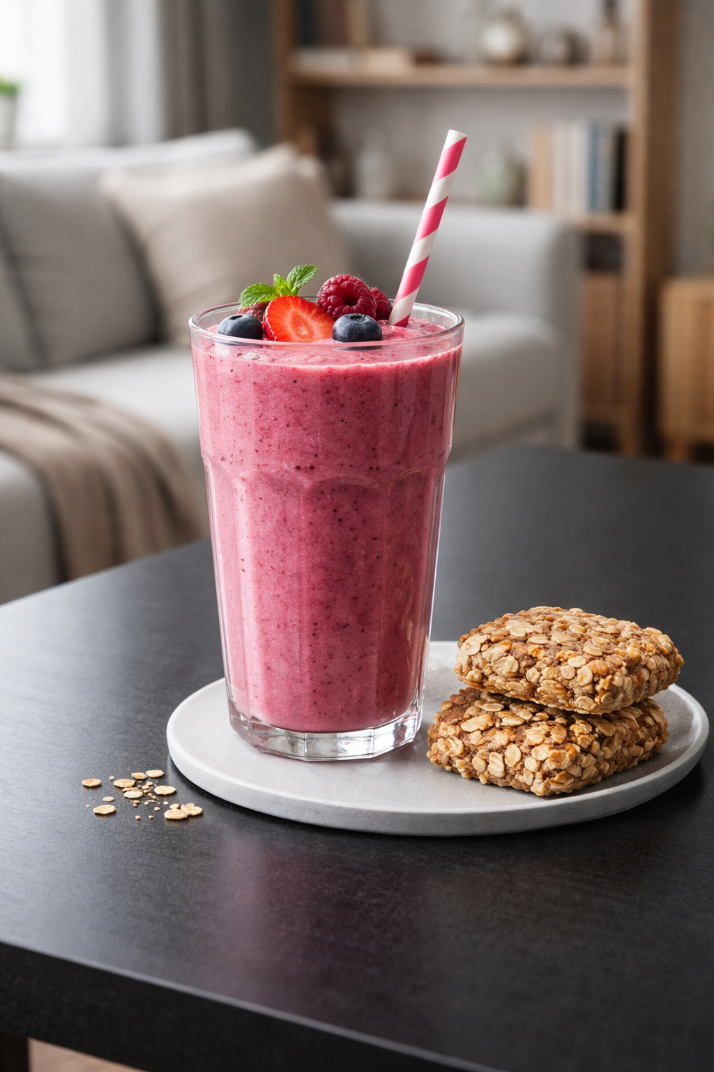 Petit déjeuner rapide avec smoothie aux fruits rouges et gâteaux secs aux céréales