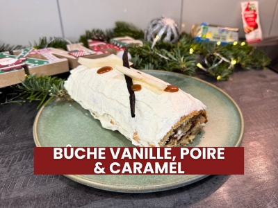 Bûche de Noël : vanille, poire & caramel beurre salé
